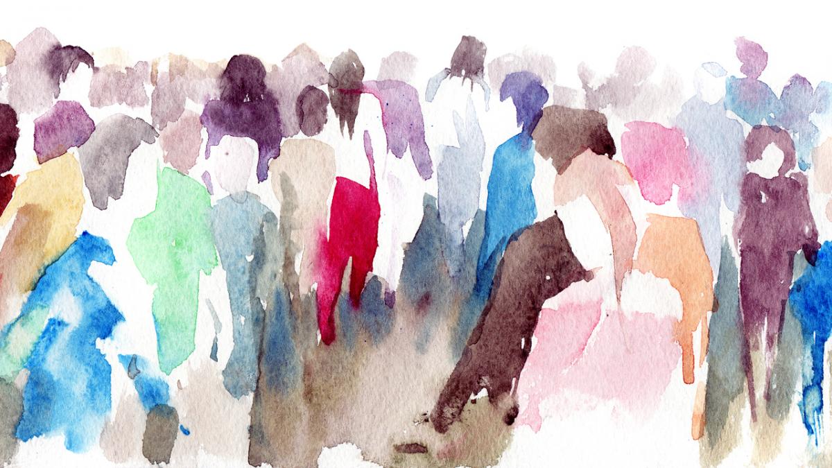 water colour image of figures in a crowd