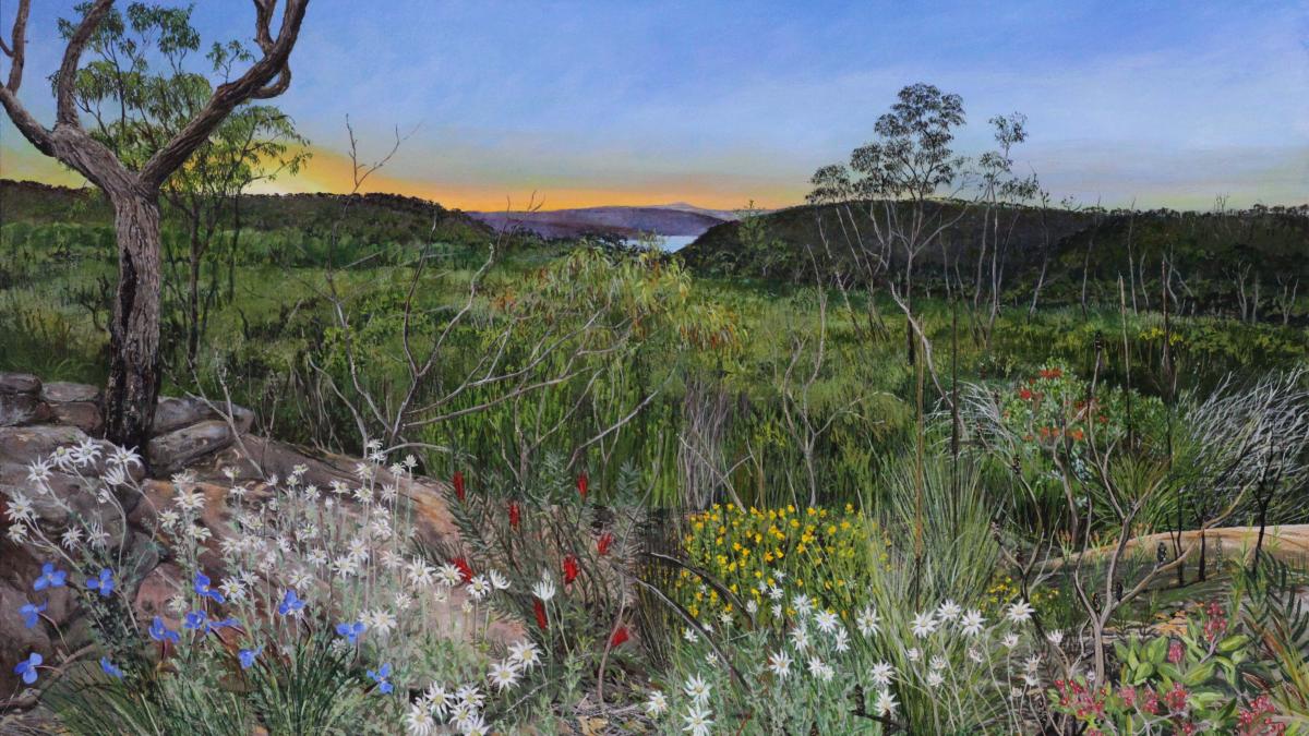 painting of a Australian landscape with flowers in the foreground