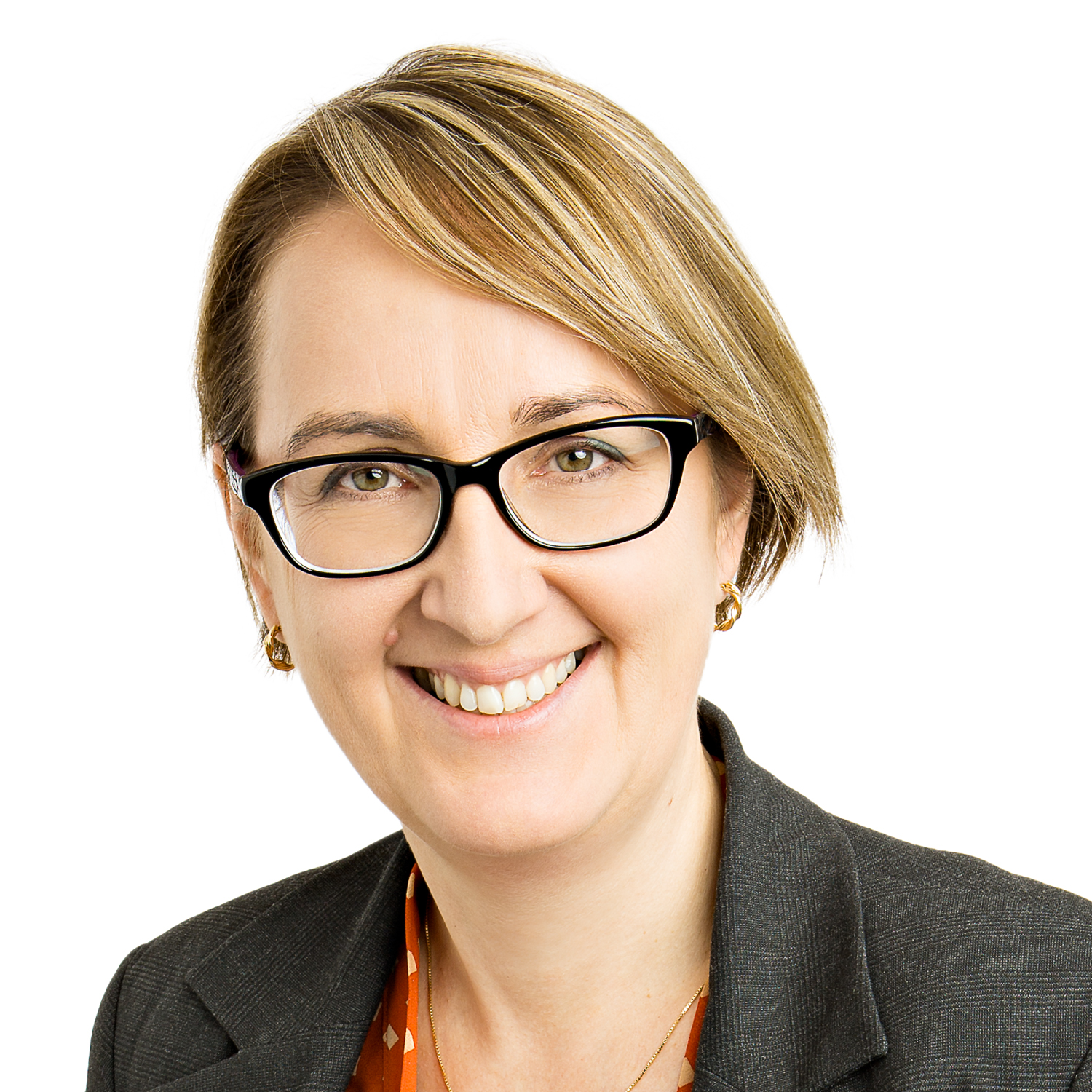 Picture of woman with glasses and bob length blond hair, smiling