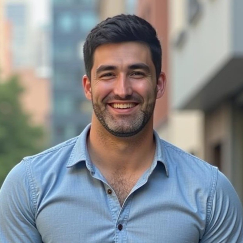 A man with dark brown hair, brown eyes, and a slightly gray short beard smiles towards the camera. He's wearing a blue button-up shirt, and is in front of an urban/city background.