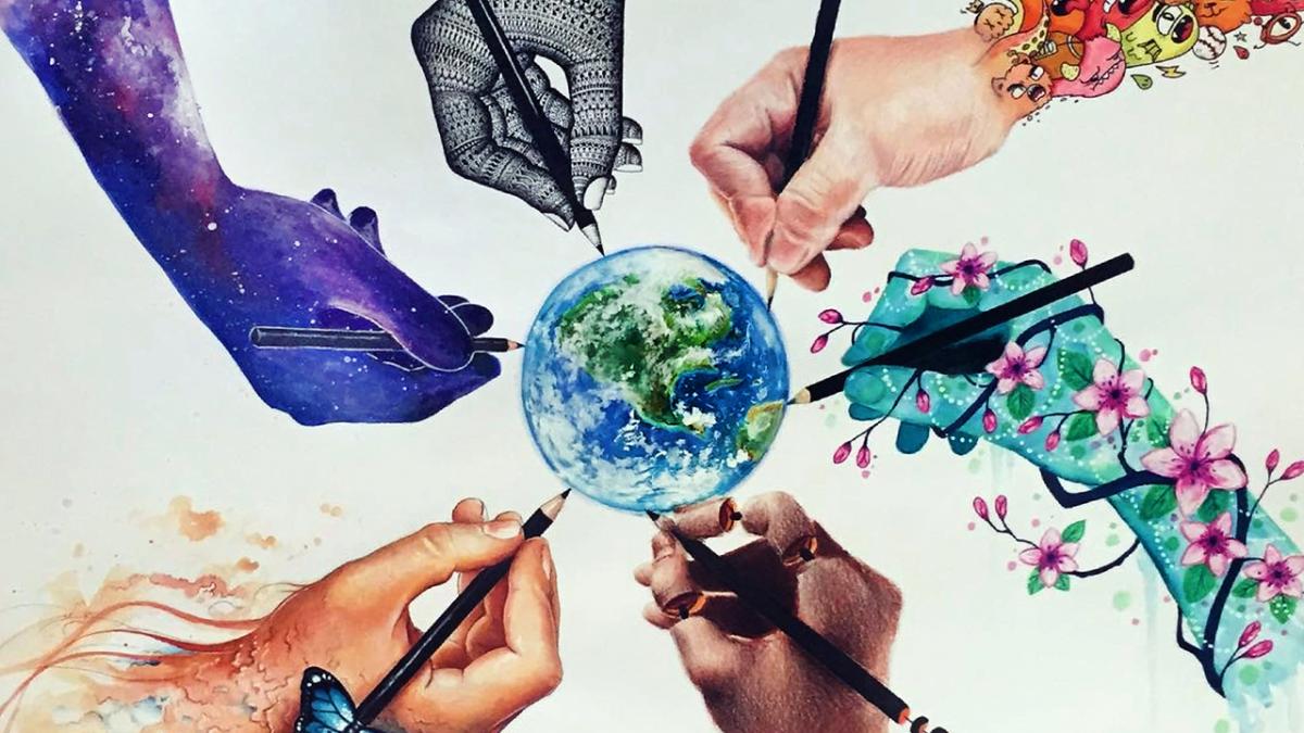 graphic image of colourful hands drawing a globe