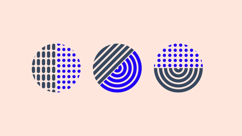 graphic image of three cirlces in blue and black stripes and dots, against a light pink background