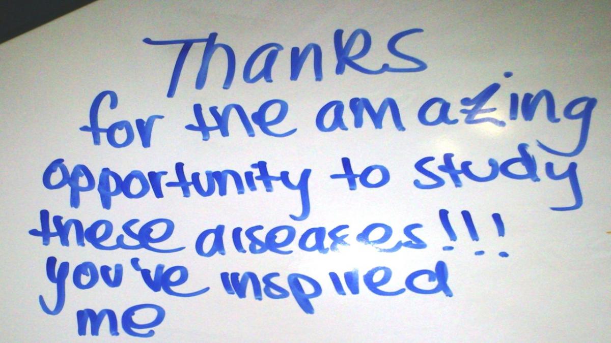 Photo of writing on a board saying ' thanks for the amazing opportunity to study these diseases. You've inspired me.