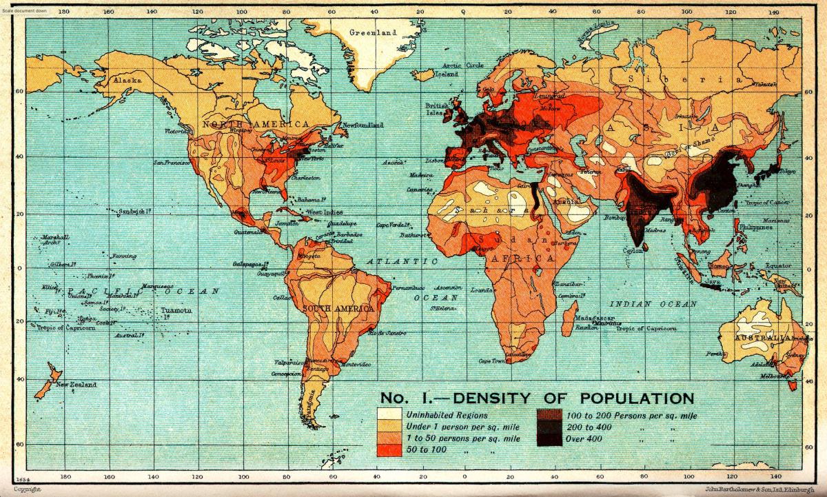 An image of the world, highlighting population density by country. 