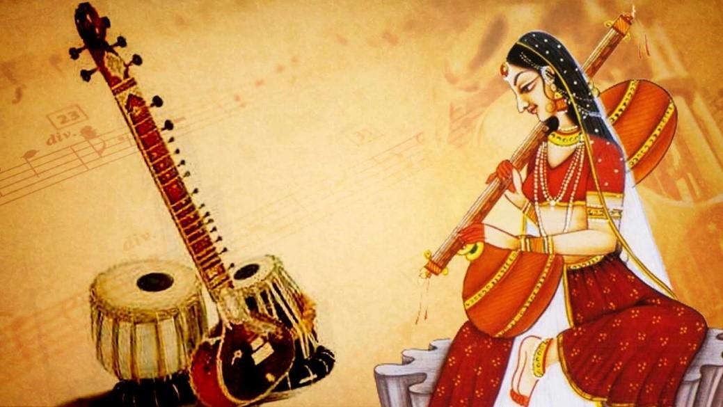 Illustration of a woman wearing an orange and red garment with two traditional instruments opposite her