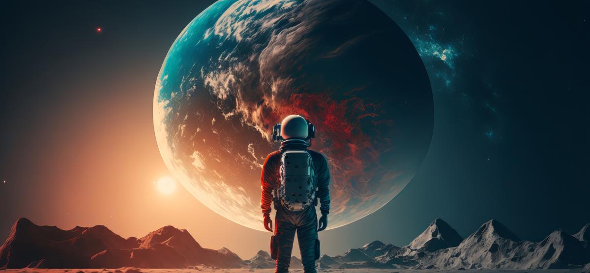 man standing in space looking back at planet earth