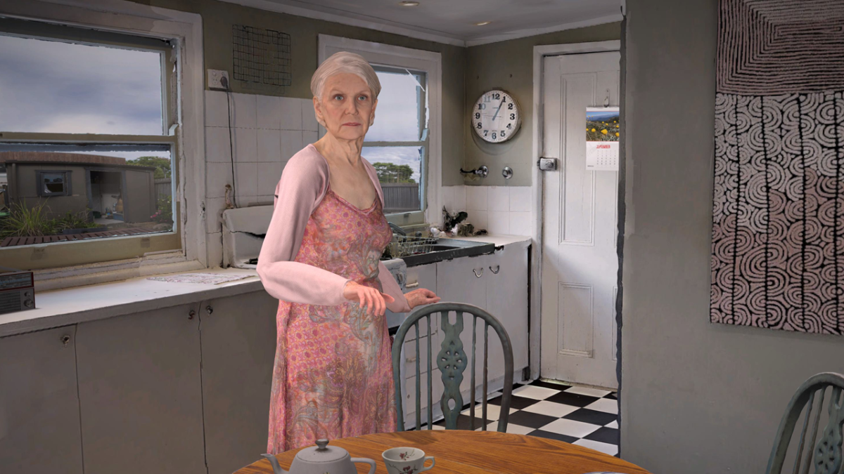 Screenshot: the Visit. CG old woman standing in kitchen