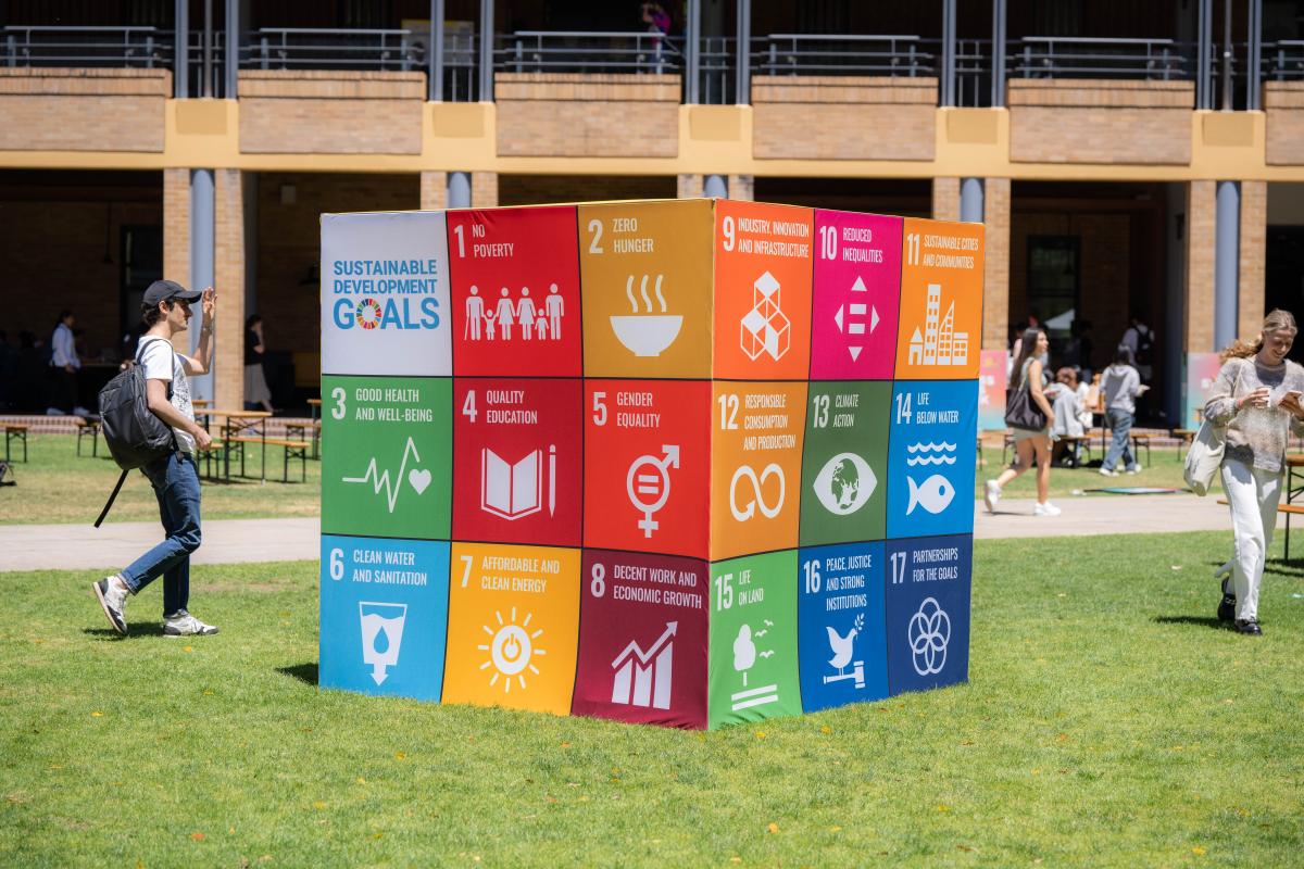 A cube sitting on grass displaying the SDGs