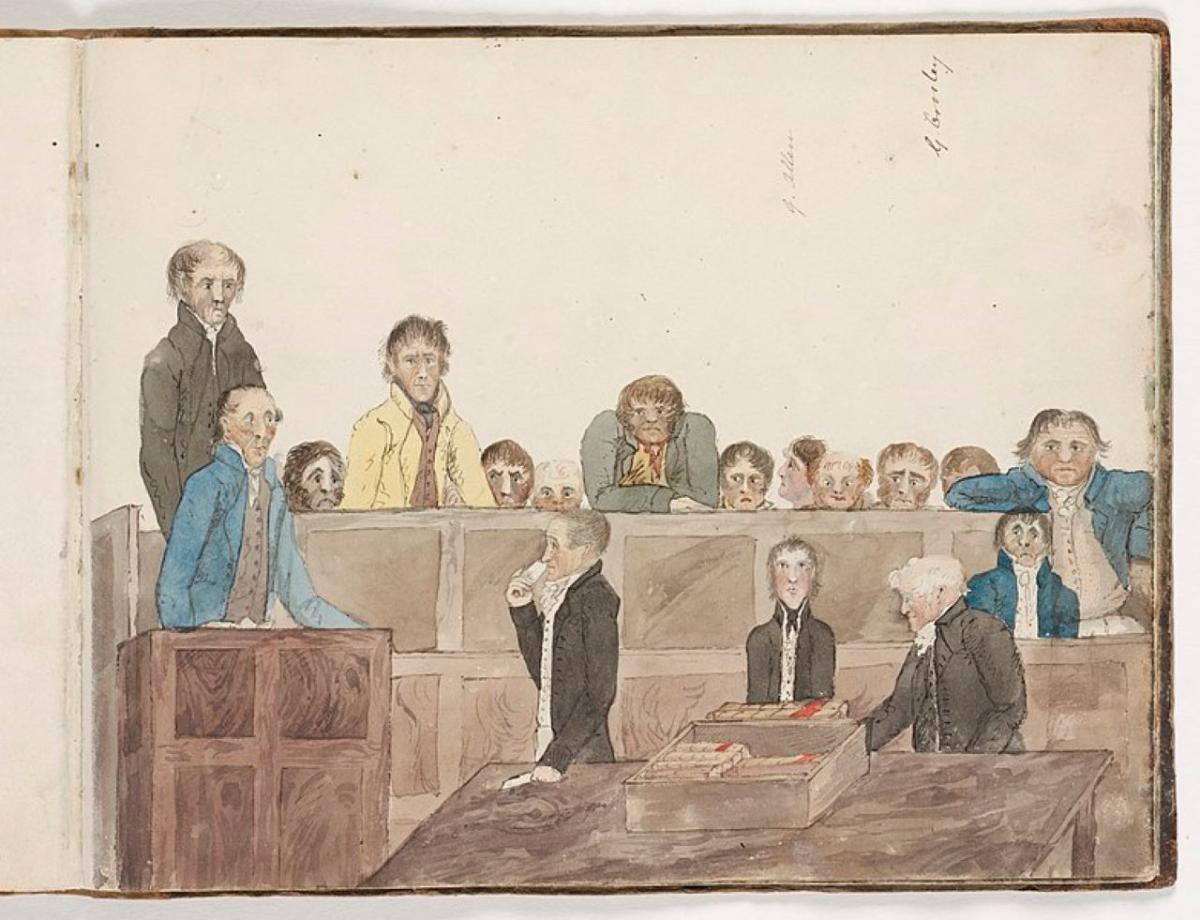 Courtroom scene, Sydney c1817. Painting by Edward Charles Close (1790-1866). From sketchbook in State Library of New South Wales