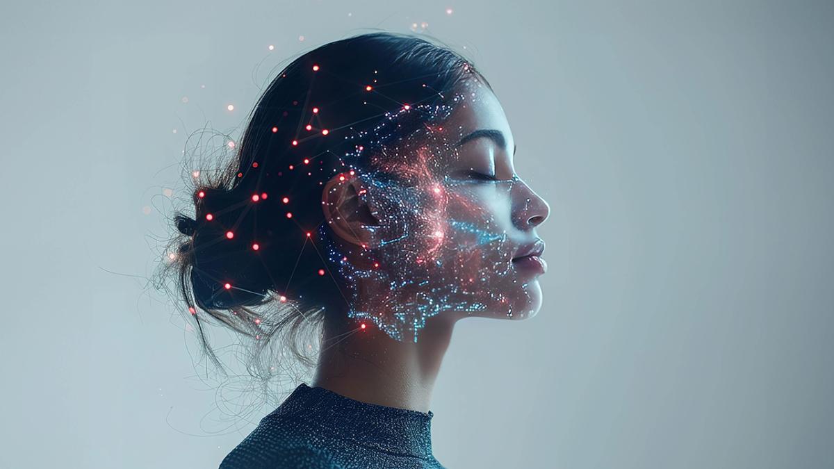 Profile of a woman with eyes closed, overlaid with glowing digital network patterns and light nodes, representing artificial intelligence, technology, and human connection.