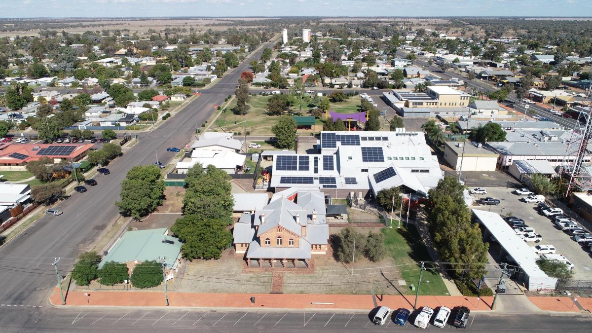 An aerial view of Walgett's CBD featuring the court and police station