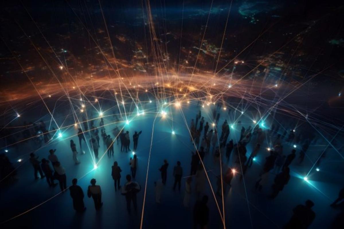 Photo of a group of people, in the dark with lights shining around them