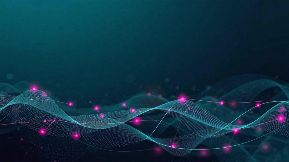 Abstract digital illustration of flowing teal wave patterns with glowing pink dots and connecting lines on a dark blue background, suggesting networks, data, or connection.
