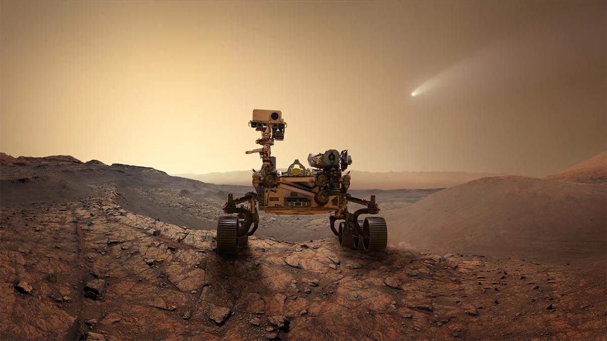 A Mars rover stands on a rocky desert landscape under an orange sky, with a bright comet streaking through the background.