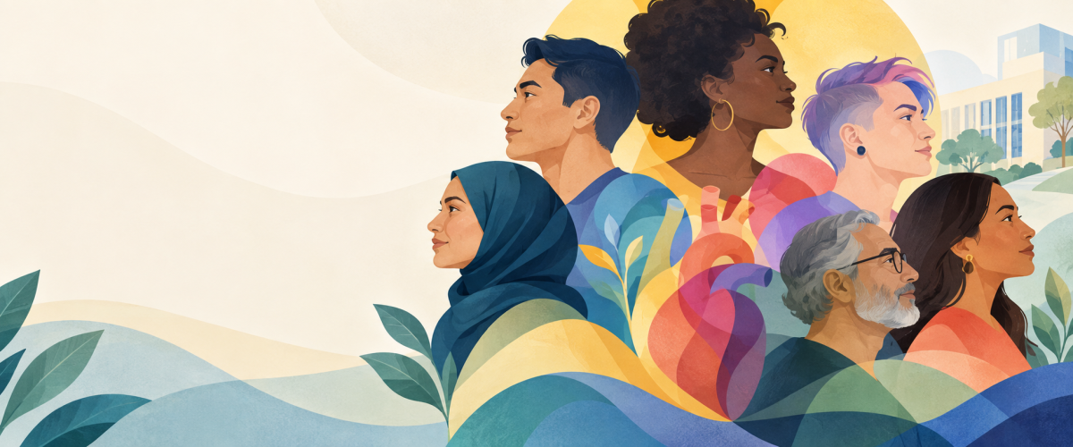 Graphic of a group of multicultural people with an organ heart in the middle