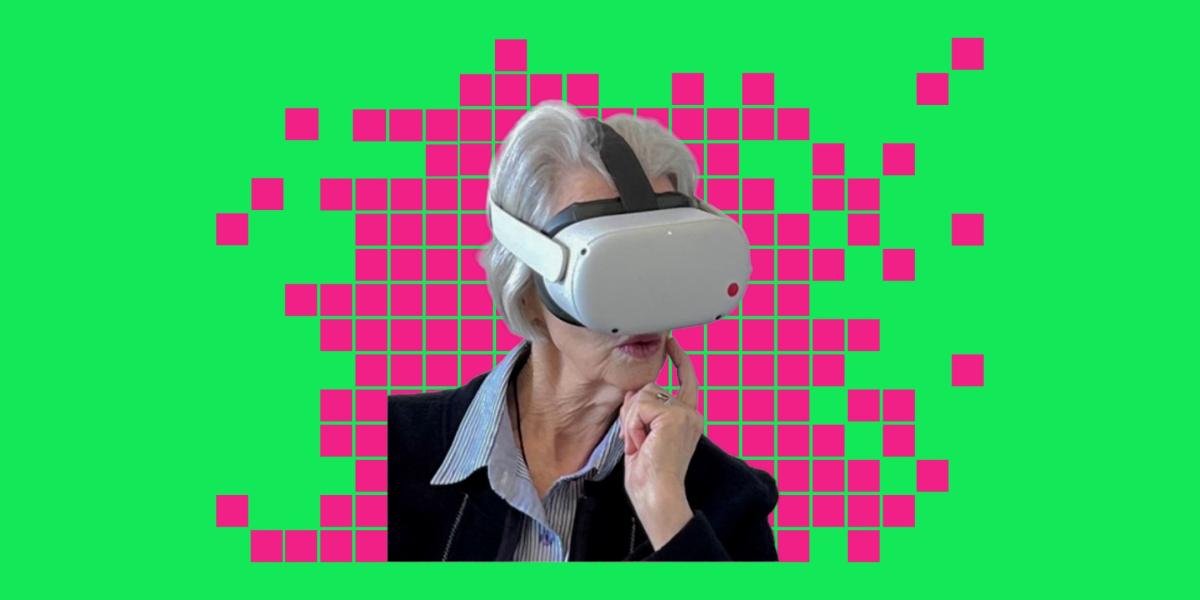 Elderly women with a VR headset and a pixelated background